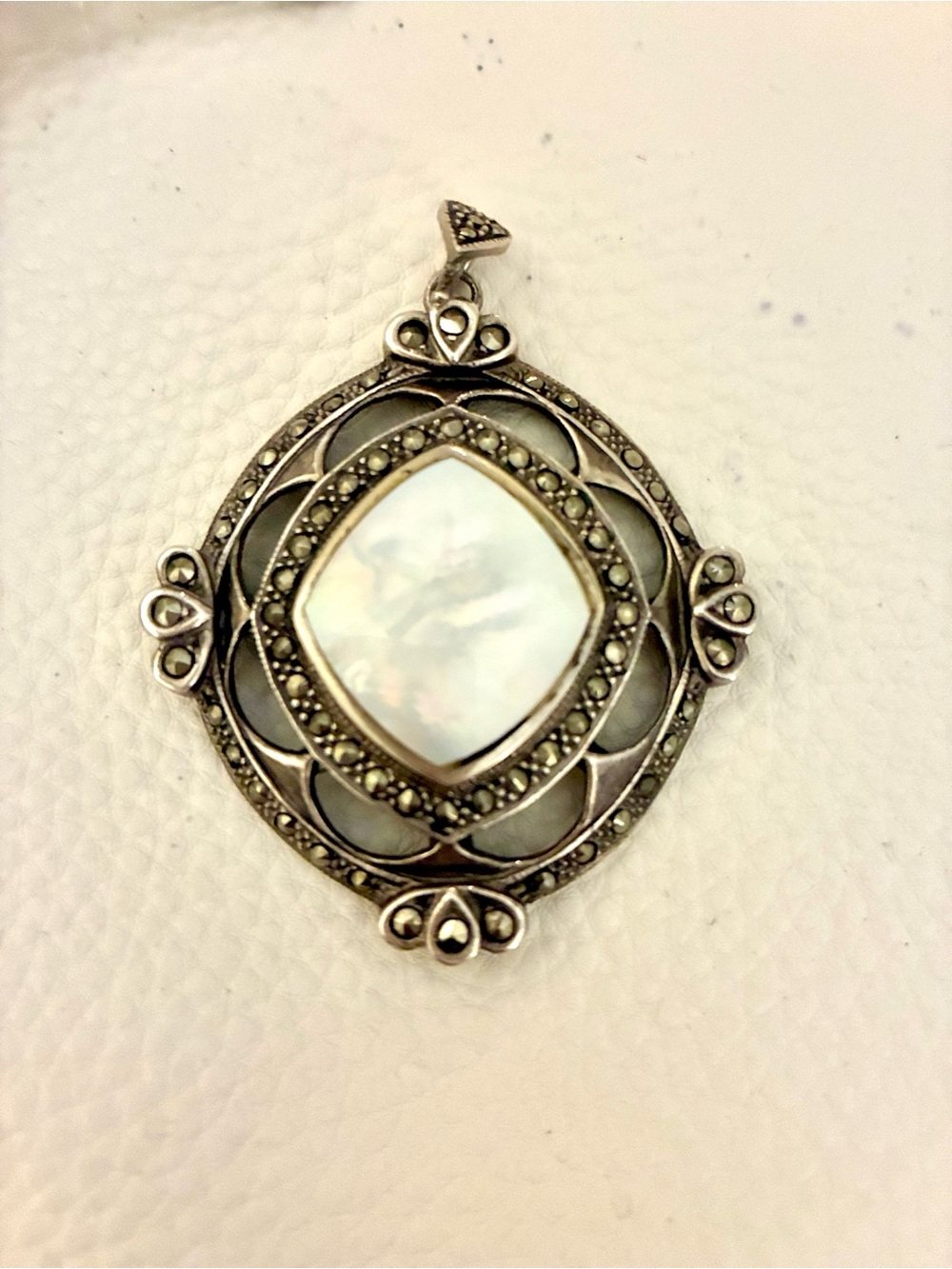 VINTAGE, ELEGANT,Sterling Silver, Marcasite & Mother of Pearl Filigree Pendant.